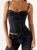 Nathan Denim Corset Top - Washed Black