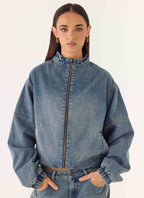 Waylon Denim Bomber Jacket - Mid Wash Blue